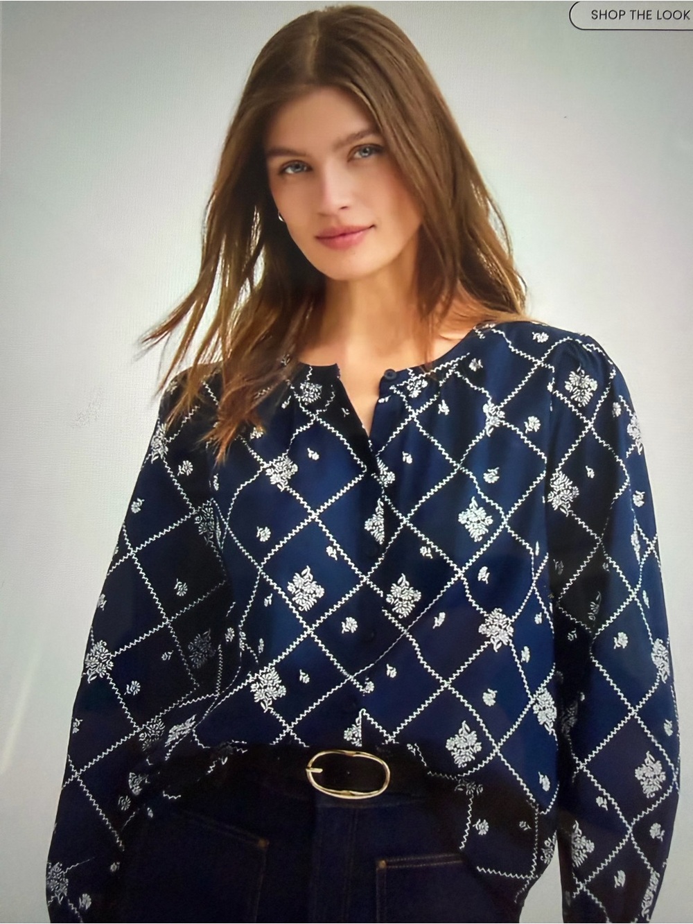 LOFT Women’s MEDIUM Navy Bouquet Ruffle Cuff Long-Sleeve Blouse. NWT